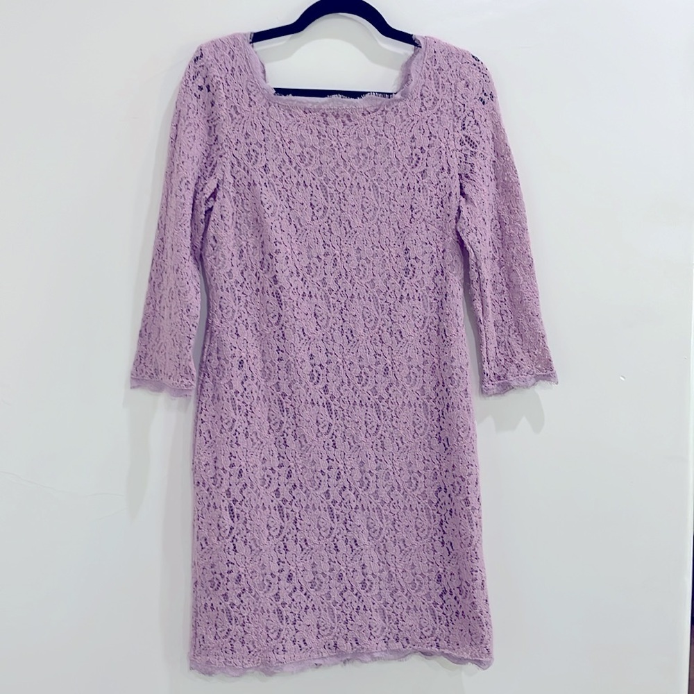Adrianna Papell Lilac Light Purple Lace Quarter Sleeve High Neck Formal Dress 14